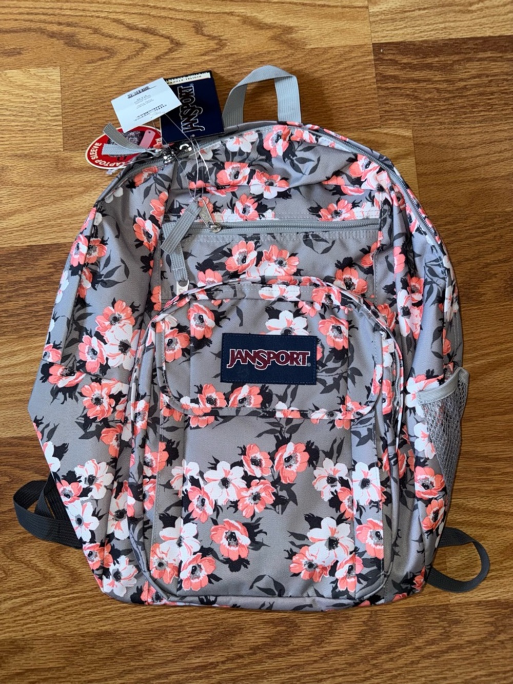 Jansport Gray Backpack with Coral Pink & White Floral Print